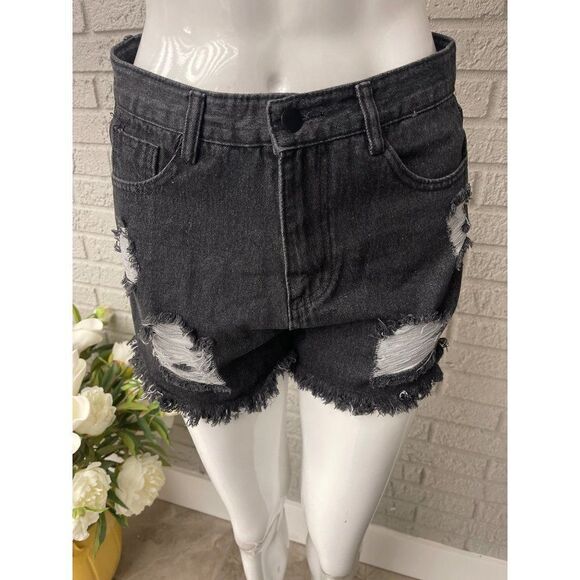 SHEIN Black Distressed Raw Hem Denim Shorts Size S - Picture 1 of 8